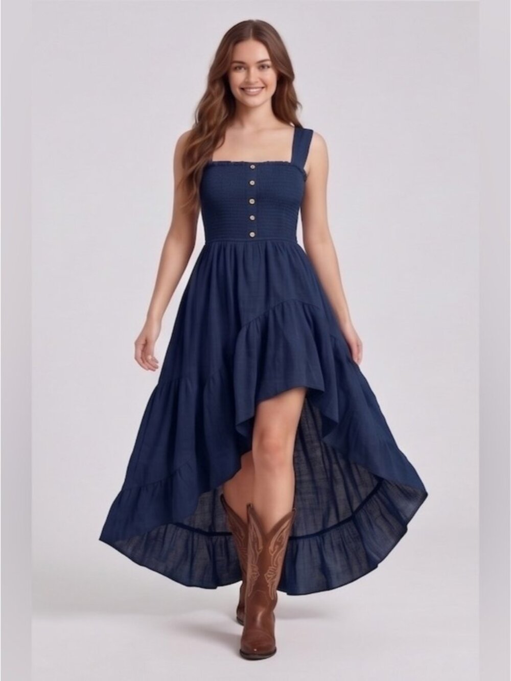 Smocked High-Low Maxi Dress with Buttons Navy